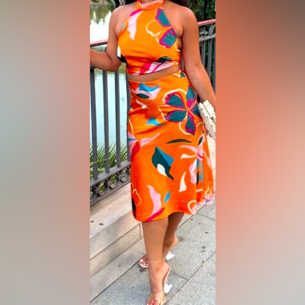 Sigrid Olsen Orange Abstract Floral Midi Dress